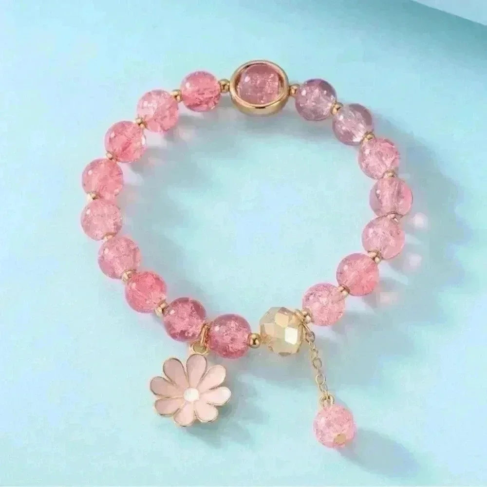 Pink beaded Flower Pendant Bracelet